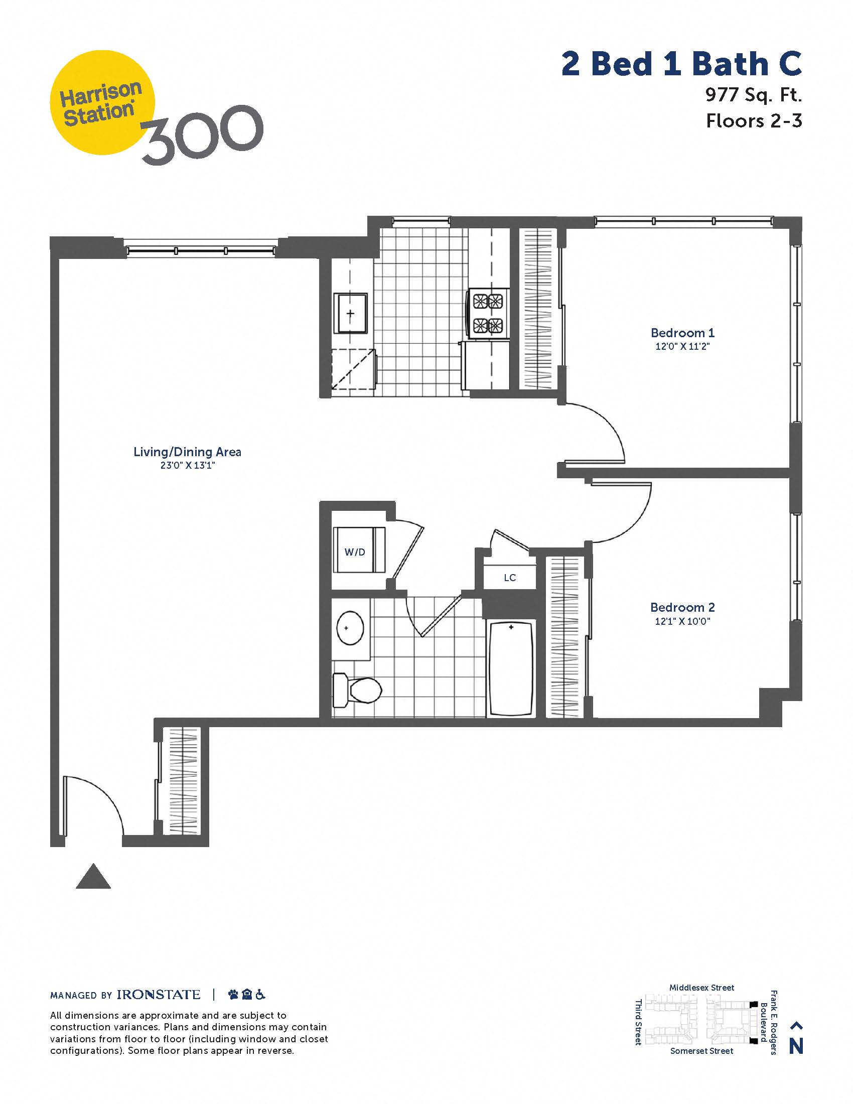 Floor plan for 2 beds, 1 bath, 977 sqft